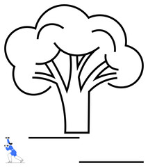 Large tree silhouette with clean lines and a small figure of a photographer taking a photo. Ideal for creativity, nature, environment, art, minimalism, photography, simple landing page