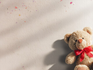 Fluffy teddy bear with red bow in lower-right corner, pastel background with wide-angle empty space, soft light, subtle Children’s Day confetti accents, minimalist high-resolution portrait.