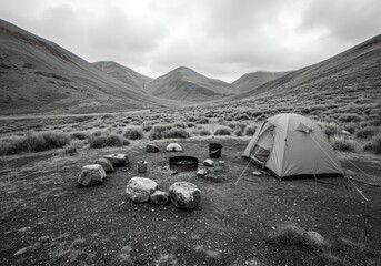 Stone Ring Firepit and Tent in Grey Mountain Valley