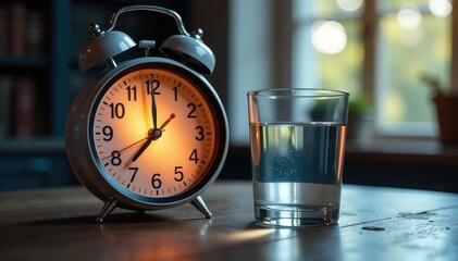 A clock showing fasting hours, empty glass of water, achievement, fasting, wellness