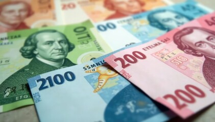 Obraz premium Abstract blurred banknotes, various denominations, currency background, finance background, design element