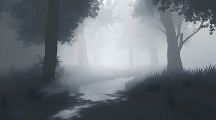 Obraz premium Mystical woodland scenery shrouded in atmospheric fog, capturing ethereal beauty