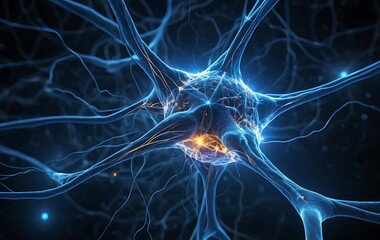 3D Render of a Neuron Cell with Glowing Blue Synapses and Orange Nucleus on a Dark Background