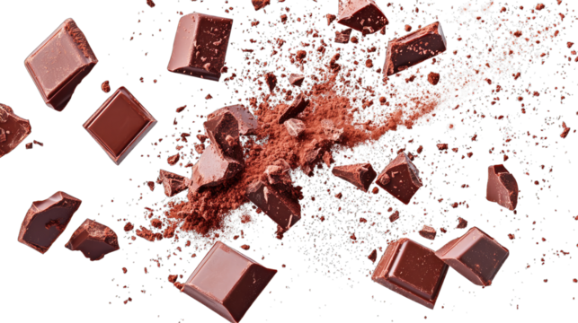 pieces of chocolate exploding into fragments with cocoa powder dispersing in the air emphasizing the texture and richness of chocolate