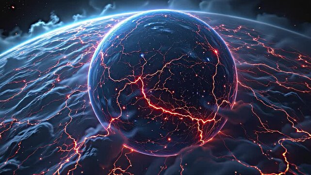 Organic, bioluminescent networks spread across the surface of an alien planet. The networks pulse with light, creating intricate patterns of color and movement