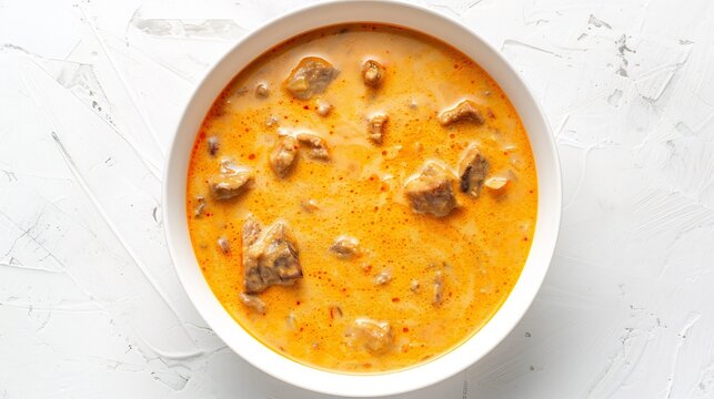 Indian mutton korma served white bowl shot top down white background Aromatic curry soft lamb chunks thick masala gravy royal Indian dish from North India cut out on isolated transparent background