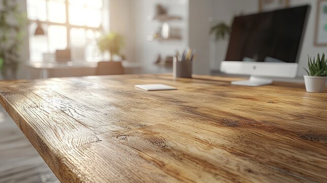 A bright, sunlit workspace with a wooden desk