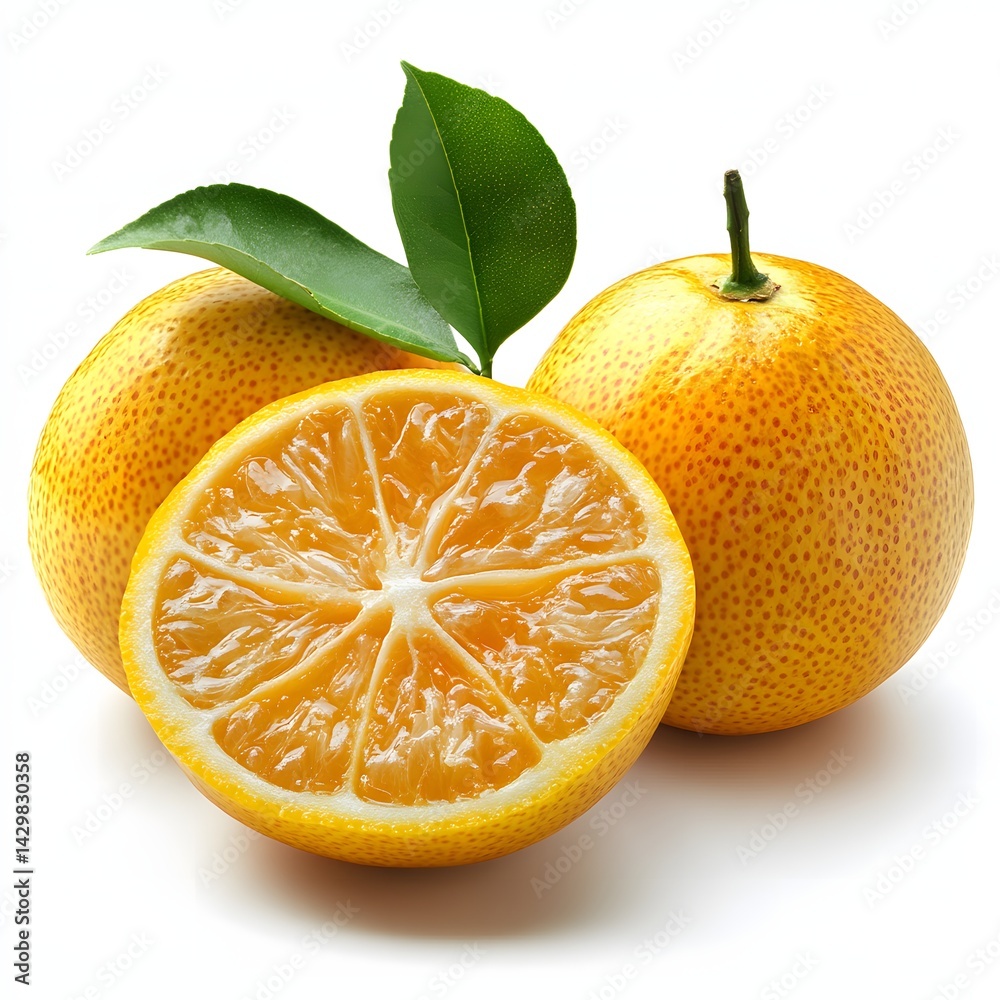 Poster vibrant oranges ? whole and halved ? with fresh leaves, isolated on white. perfect for healthy eatin