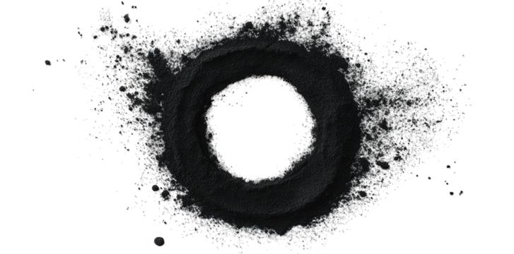 a circular arrangement of black powder creates a striking visual contrast against a white background suggesting themes of art science or material exploration