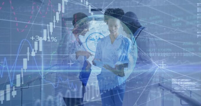 Medical team reviewing tablet in hospital hall, showcasing holographic globe graphs and binary code - Powered by Adobe