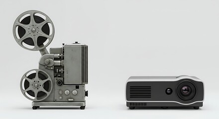 Naklejka premium Evolution of Projection: Vintage Film Projector Meets Modern Digital
