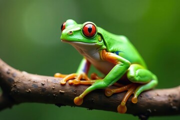 Green tree frog perched on white, vibrant skin, clipart, photography, exotic
