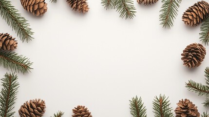 A serene arrangement of pine cones and evergreen branches framing a blank white surface, evoking a natural and festive atmosphere.