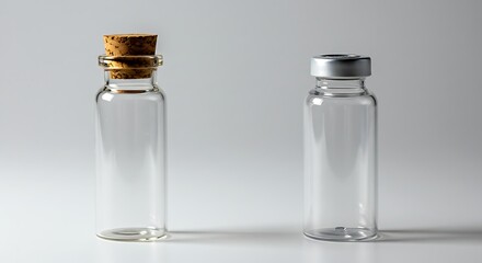 Two Empty Glass Vials: Cork Stopper & Aluminum Cap