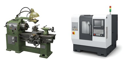 Obraz premium Lathe Evolution: Manual to CNC Machine Comparison