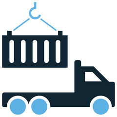 Container attaching to truck icon vector for cargo transport, shipment loading, and logistic preparation. Ideal for freight handling, delivery systems, and road cargo shipping illustration.