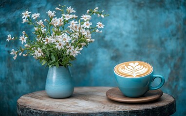 Latte Art Coffee Cup with White Flowers on Wooden Table