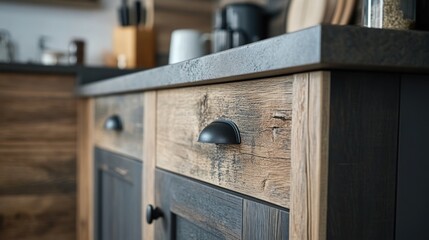 Rustic kitchen cabinetry with dark wood and gray accents.