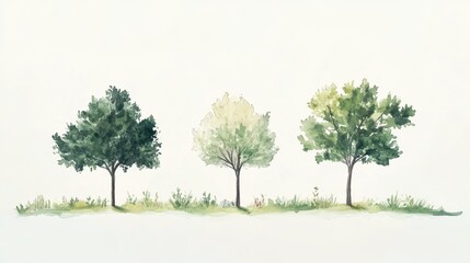 Watercolor Trees Landscape  Green Foliage  Nature Illustration
