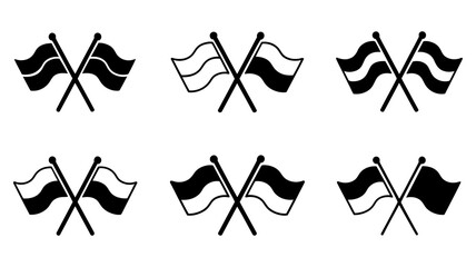 Six black and white vector illustrations of crossed racing flags. On White Background.