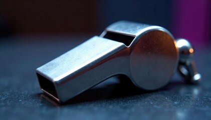 Shiny silver whistle, metallic detail close-up, whistle, gadget, isolated
