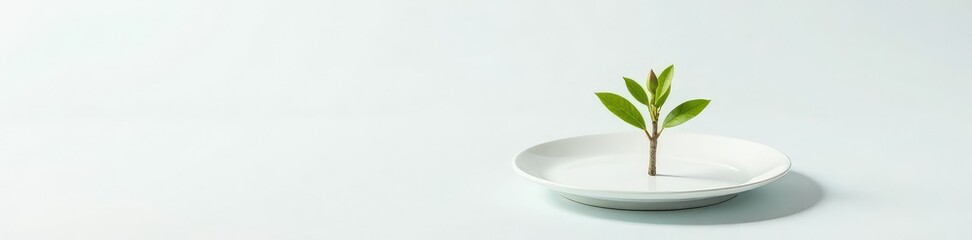 Small twig with buds and leaves on white plate, small, tree