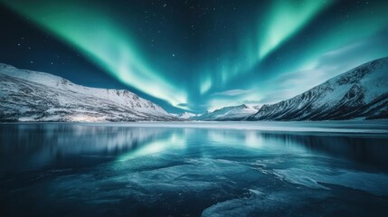 Naklejka premium Aurora Borealis over Frozen Lake and Snowy Mountains: A Breathtaking Night Scene