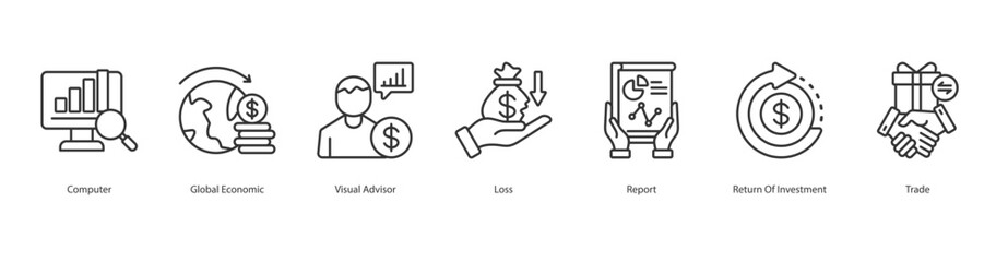 Global Analysis icon sheet computer, global economic, visual advisor, loss, report, return of investment, trade