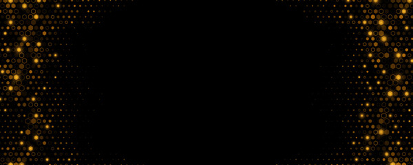 Abstract glowing golden hexagons for Technology or Science background. Cyber honeycomb mosaic template for science banner. Scientific research presentation backdrop. Vector Illustration