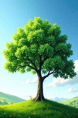 Fototapeta premium Tree against the clear blue morning sky with subtle clouds, landscape, foliage, leaves