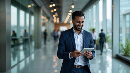 Confident smart casual Indian businessman smiling and using tablet while standing in bright modern office showcasing success and digital workflow
