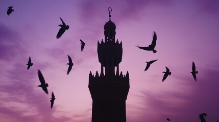 Fototapeta premium Silhouette of a mosque minaret at sunset with birds flying around.