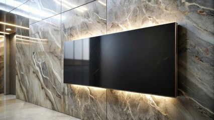 A sleek modern black sign on a marble wall with subtle reflections and texture, creating an air of sophistication and elegance in a contemporary setting, minimalist decor, luxury feel