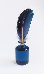 A deep blue glass bottle, a vibrant feather rests atop