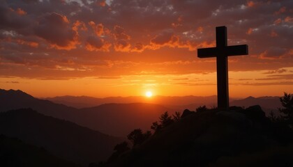 Cross Silhouette at Scenic Sunset with Mountain Views