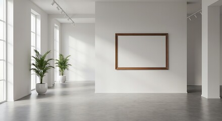 Contemporary exibition room with frame mock up on the wall. Design 3d rendering of brown wood veneer images. 