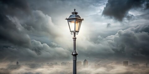 Street lamp standing alone under grey cloudy sky with soft mist falling on its metal structure, urban landscape, atmospheric scene