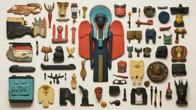 Colorful collection of Egyptian artifacts and assorted miscellaneous objects.