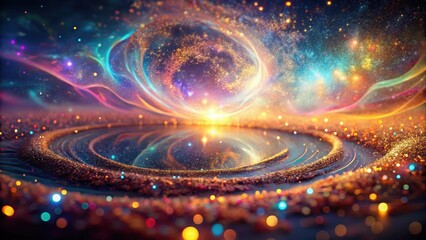 Dazzling abstract swirl of glowing particles with iridescent colors, reflecting off the surface of a mysterious, dreamlike landscape , Dreamlike Landscape, Dazzling Swirls