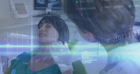 Dentist examining patient in dental clinic showing digital overlay with binary code and grid lines - Powered by Adobe