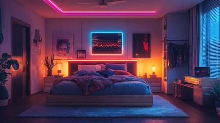 Modern bedroom interior with neon lighting providing a serene and futuristic atmosphere