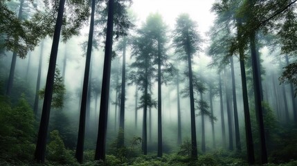 Obraz premium Serene misty forest with tall, towering trees enveloped in soft fog. A tranquil woodland atmosphere, perfect for nature exploration themes. Ethereal and peaceful scenery, ideal for use as a background