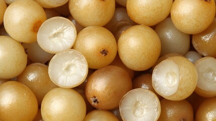 Closeup of Golden Yellow Beads, Round Shiny Fruit Texture