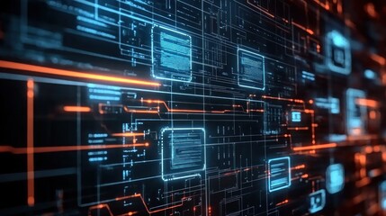 Fototapeta premium Complex digital network with glowing circuitry and data displays.