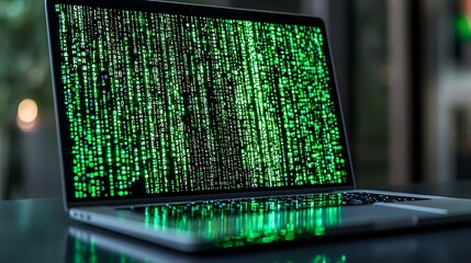 Laptop displaying binary code