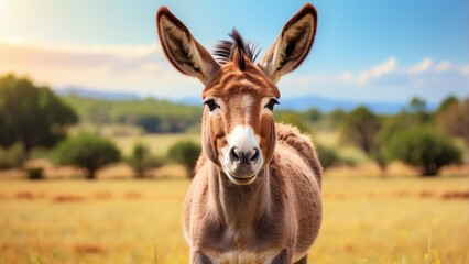 Cute Baby Donkey Standing Outdoors in Sunny Green Field