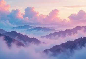 Obraz premium Mountains Emerging Through Fog at Sunset with Pink and Blue Clouds