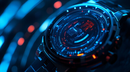 A futuristic smartwatch display with sleek holographic visuals, showcasing time, health data, and notifications, leaving copy space for tech, fitness, or innovation-themed content.
