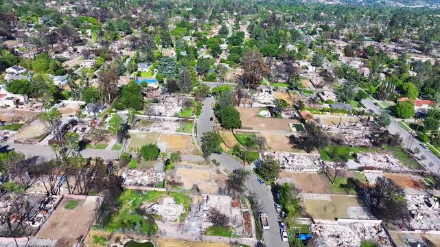 Aerial footage of homes destroyed in the wildfires in Altadena California USA