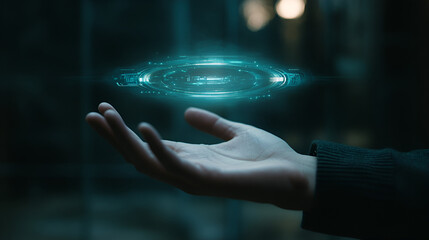 A futuristic hologram floats above a hand, glowing with digital data and light, symbolizing advanced technology and control, leaving copy space for tech, innovation, or sci-fi-themed content.

